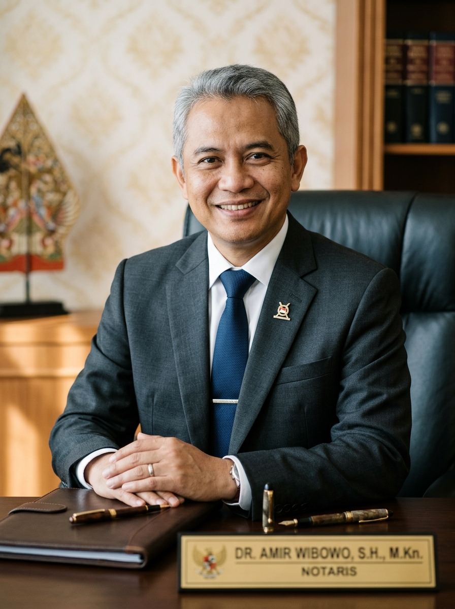 Professional portrait: Dr. Amir Wibowo, S.H., M.Kn., Notaris & PPAT, Pendiri. Indonesian notary/PPAT, warm confident, formal attire, editorial on cream/gold backdrop.
