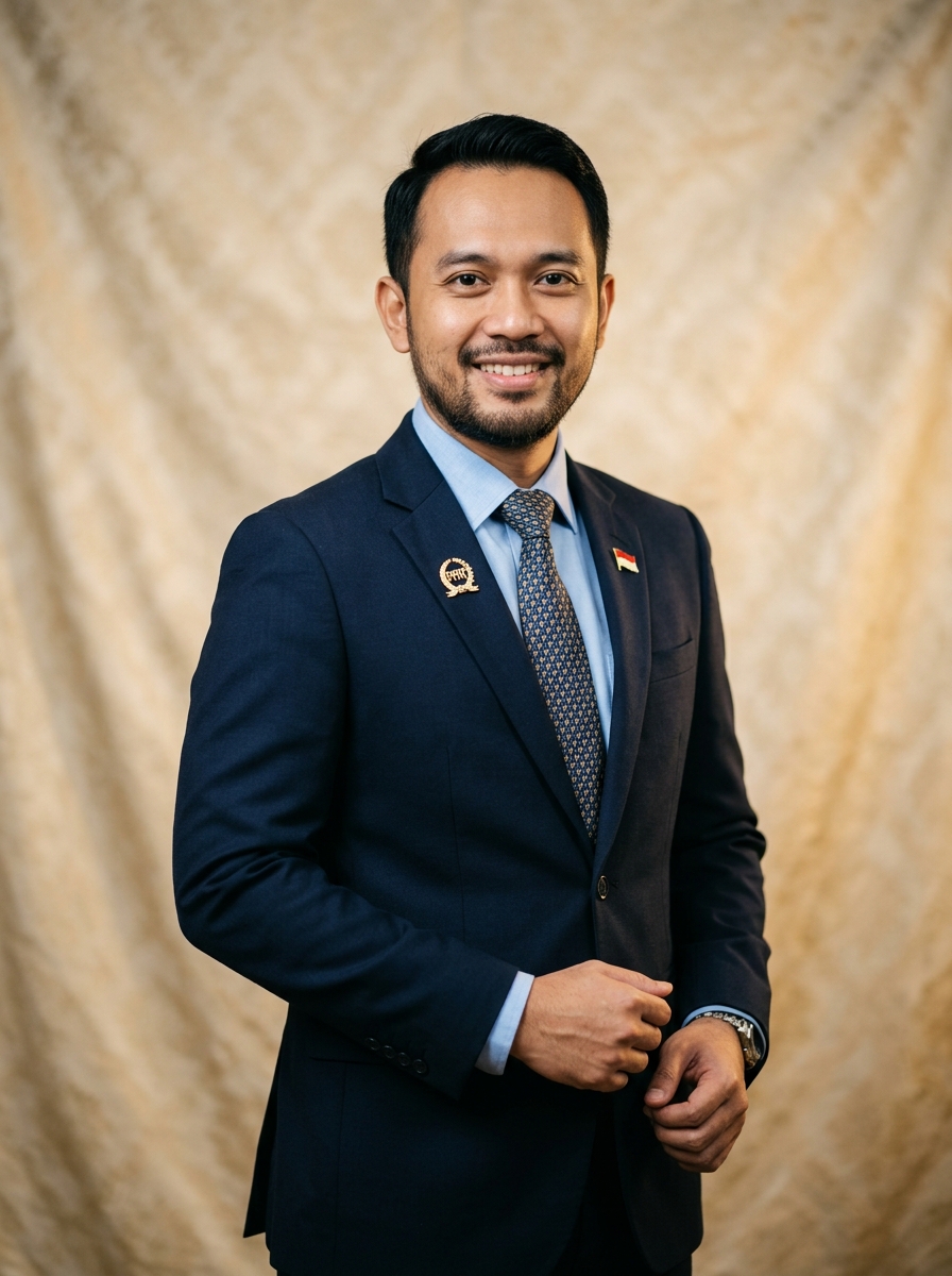 Professional portrait: Bagas Pranata, S.H., PPAT & Konsultan Hukum. Indonesian notary/PPAT, warm confident, formal attire, editorial on cream/gold backdrop.