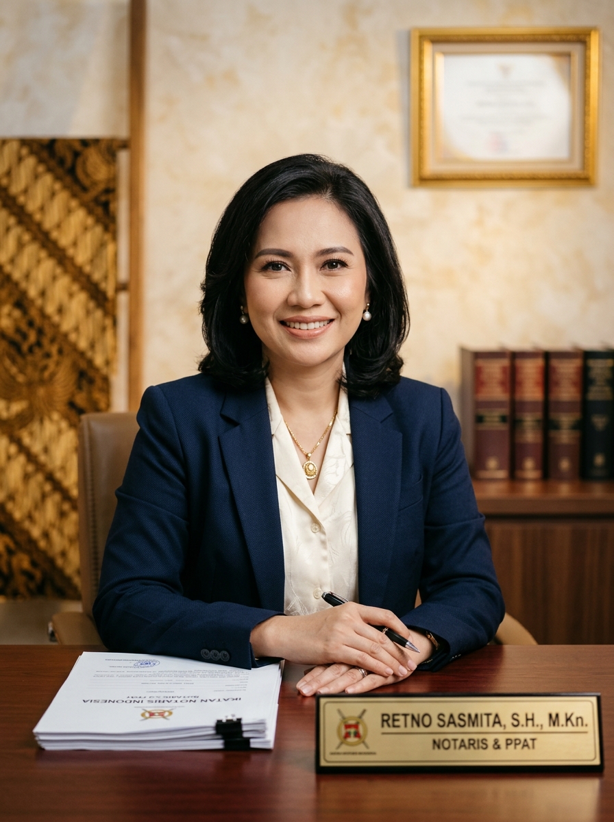 Professional portrait: Retno Sasmita, S.H., M.Kn., Notaris & PPAT, Partner. Indonesian notary/PPAT, warm confident, formal attire, editorial on cream/gold backdrop.