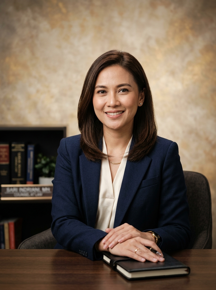 Professional portrait: Sari Indriani, S.H., M.H., Counsel, Hukum Perjanjian & Properti. Indonesian notary/PPAT, warm confident, formal attire, editorial on cream/gold backdrop.